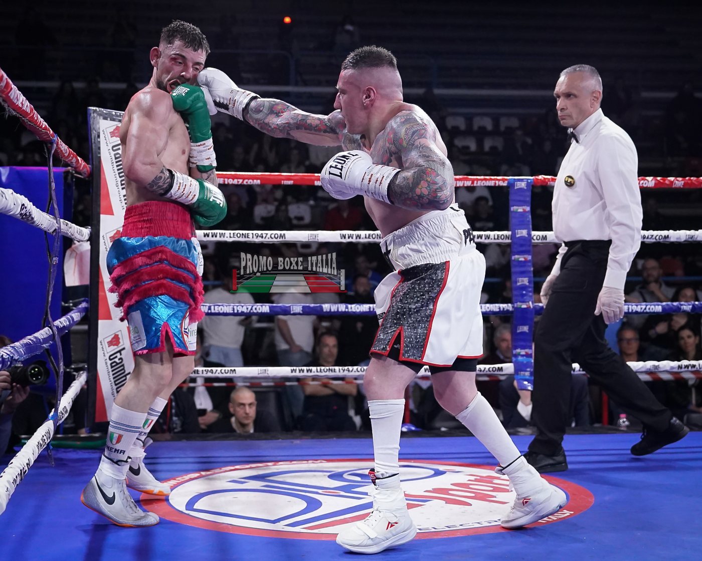 I loghi degli sponsor sul tappeto del ring